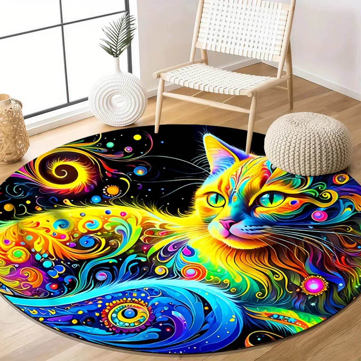 

Colorful Psychedelic Universe Cat Rug - a 2D Round Mat Featuring Van Gogh'S Starry Night And Swirling Patterns, Made of Soft Fla