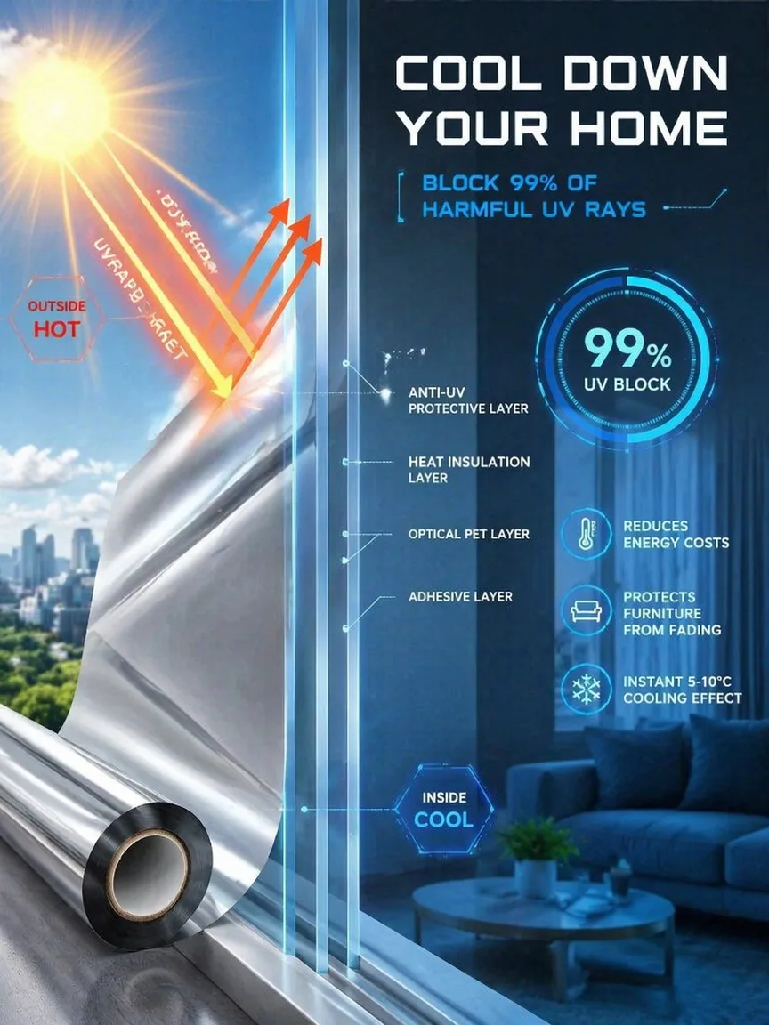 One Way Mirror Privacy Window Film Heat Control Anti Glare Static Cling Removable for Bedroom Patio Sliding Door Glass
