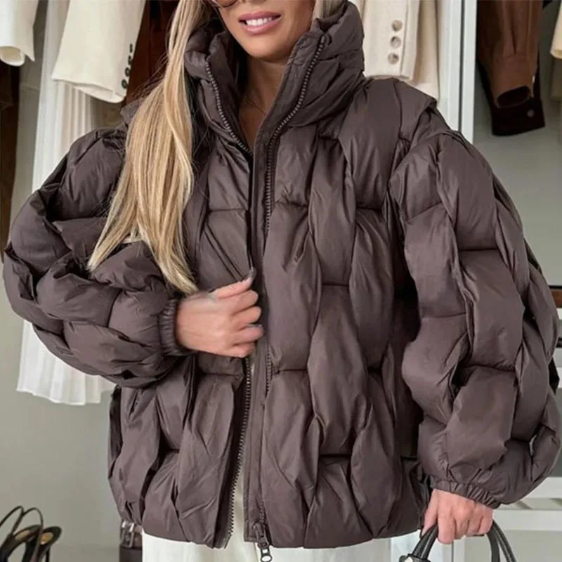 Colletto alla coreana alla moda Giubbotti in cotone Donna Casual Manica lunga Tinta unita Capispalla morbido Elegante cerniera Cappotti imbottiti a rombi