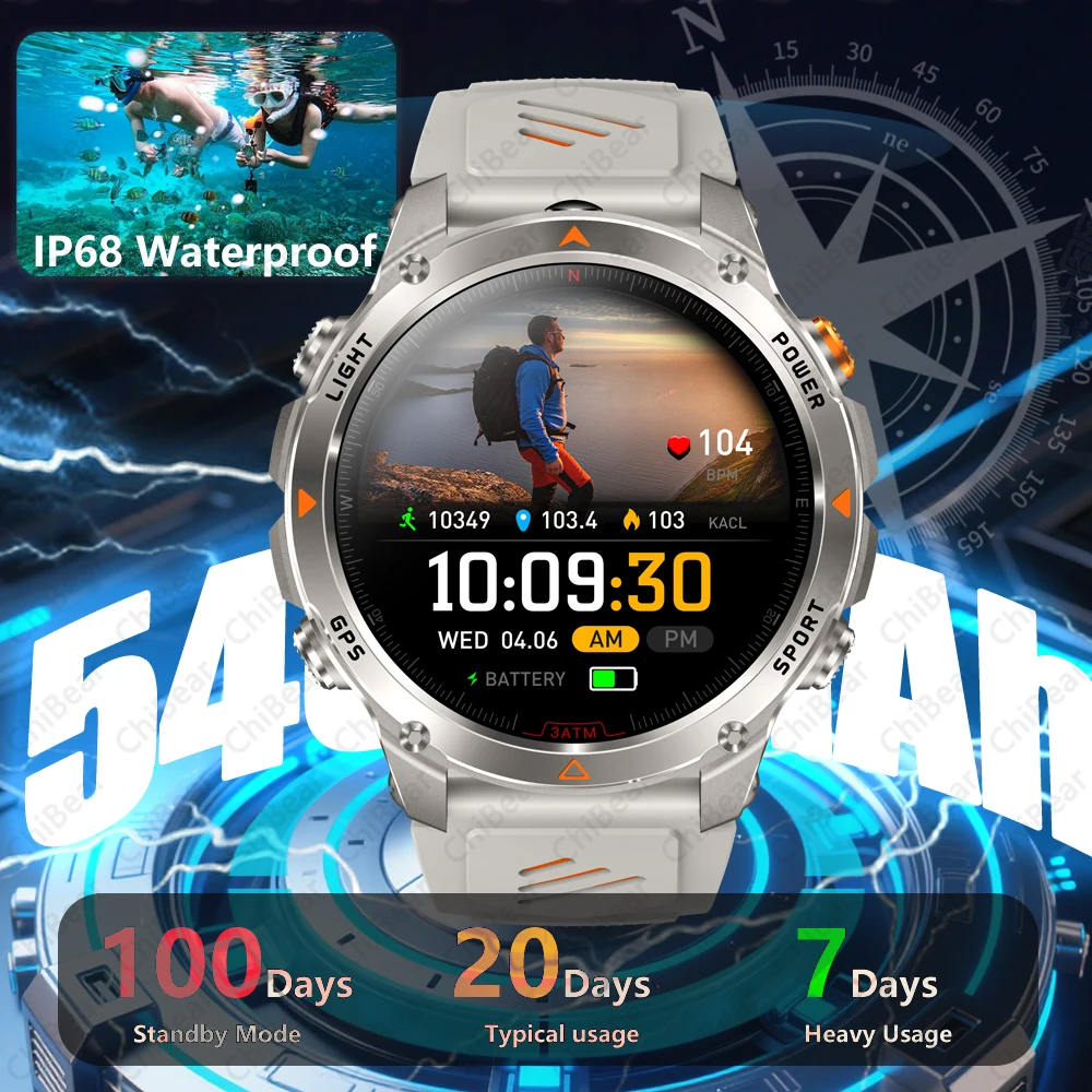 

ChiBear уличные военные умные часы мужские GPS-позиционирование 540 мАч аккумулятор водонепроницаемый спортивный фитнес-трекер BT Call Smartwatch