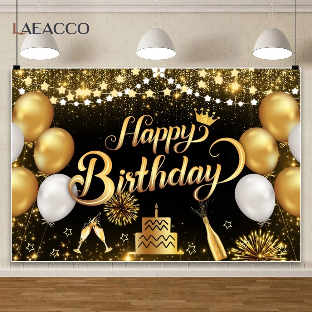 خلفية عيد ميلاد سعيد باللونين الأسود والذهبي ، نجمة لامعة ، زجاجة شامبانيا ، حفلة للبالغين ، بالونات ، كعكة ، صورة عائلية ، خلفية تصوير فوتوغرافي