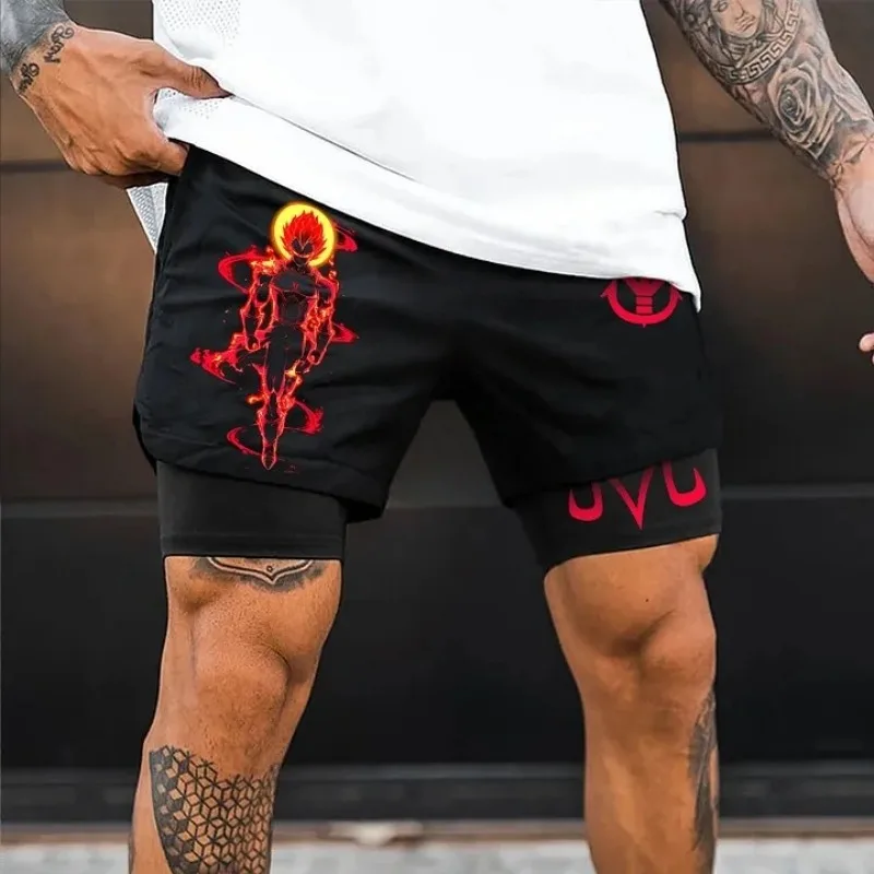 

2026 Summer Anime Gym Shorts Men's Lightweight Breathable Double Layer Performance Shorts with Dragon Ball Majin Vegeta Print