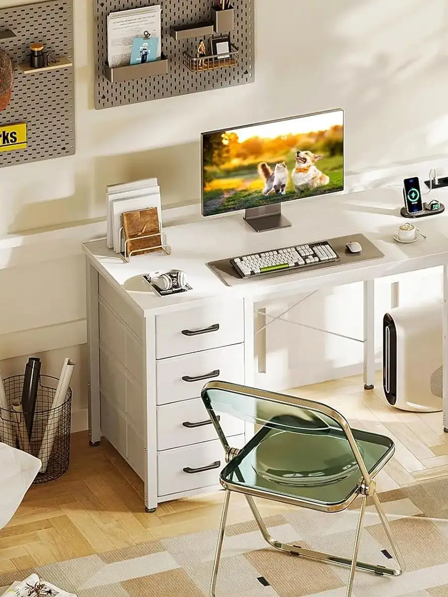 Coleshome bureau met stoffen laden, 140x80cm Omkeerbaar bureau L-vormig met archieflade, thuiskantoor wit - afbeelding 2