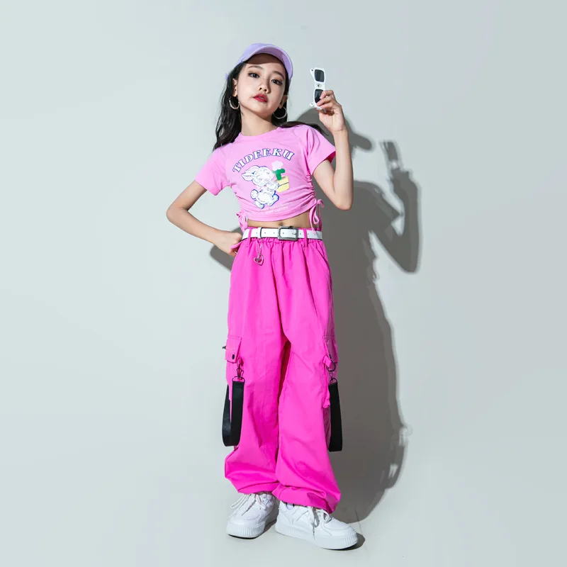 

Kid Hip Hop Clothing Cute Pink Ruched Crop Top T Shirt Rose Strap Street Jogger Cargo Pants for Girl Jazz Dance Costume Clothes