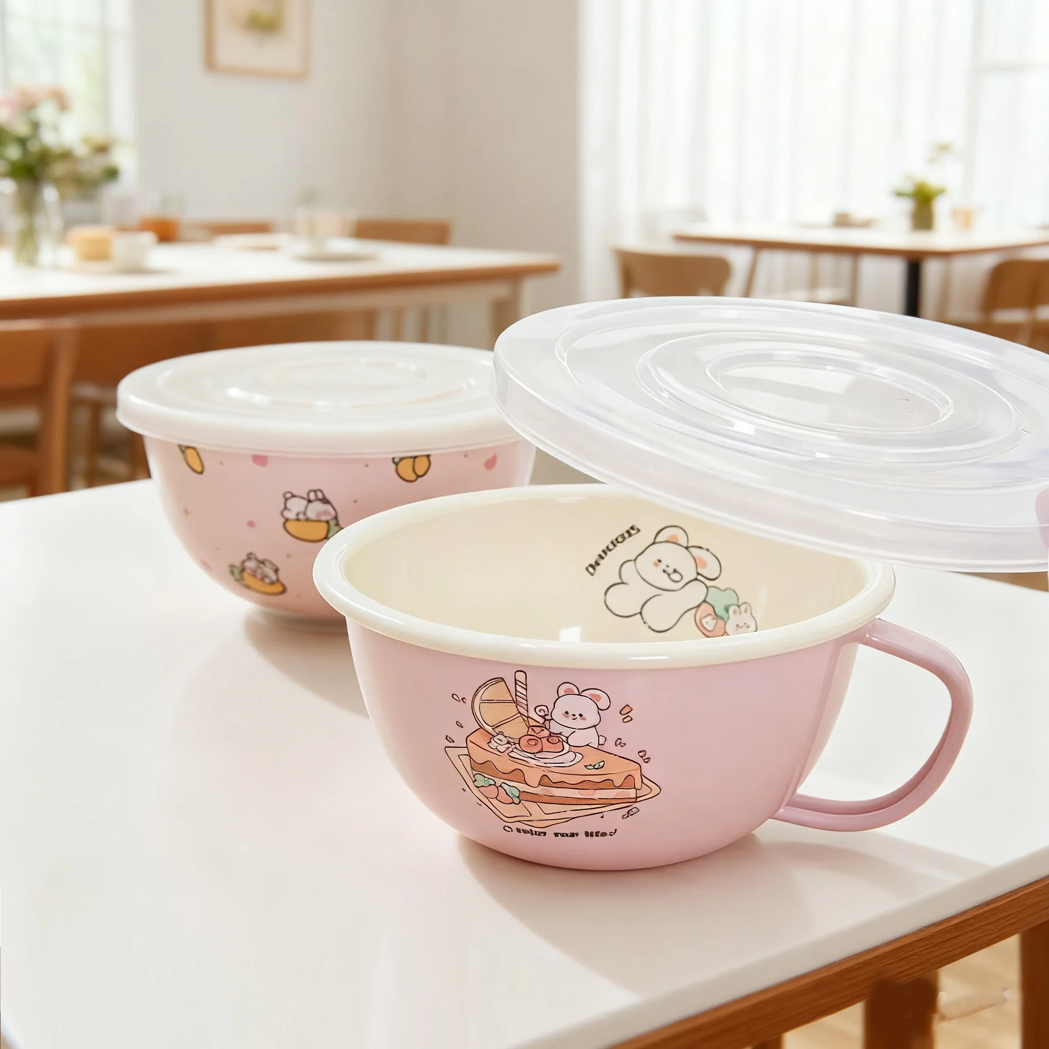 Pink Enamel Breakfast Cup Cute Rabbit 700ml High Boiled Pasta Cooking Pot With Lid Stew Pot Instant Noodle Induction Cooker