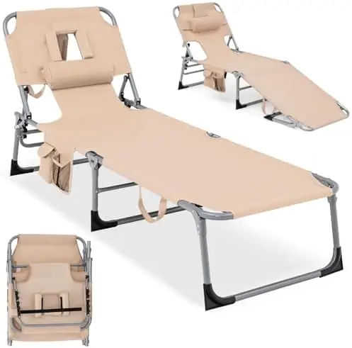 Tanning Chair with Face Hole, Folding Beach Lounge Chair | 4-Position Adjustable Backrest, Pillow & Side Pocket