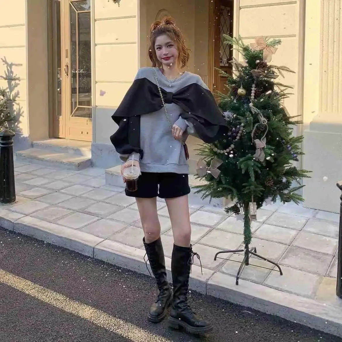 Large Size Women\'s Hoodie Female Hot Item Fake Two-piece Splicing Design Loose Bow Tie Clothes