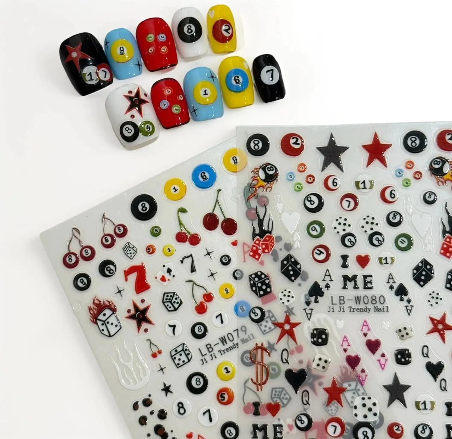 

3D Nail Stickers Pool & Dice Design - Cartoon Press-On Art Decals 2 Sheets - Textured Manicure DIY