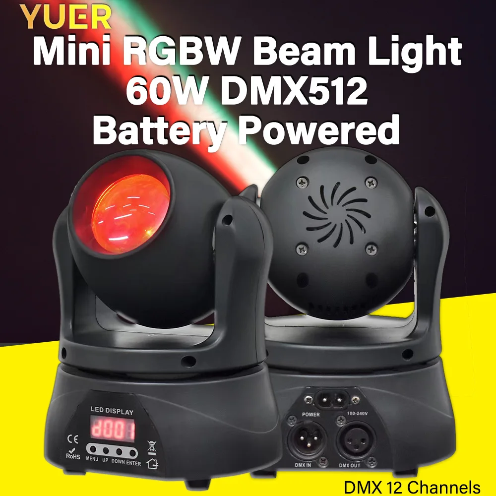 YUER Mini 40W RGBW Beam Light Battery Operated 60W Power DMX512 Sound Activated 12 Channels Perfect for Events Parties & Stage