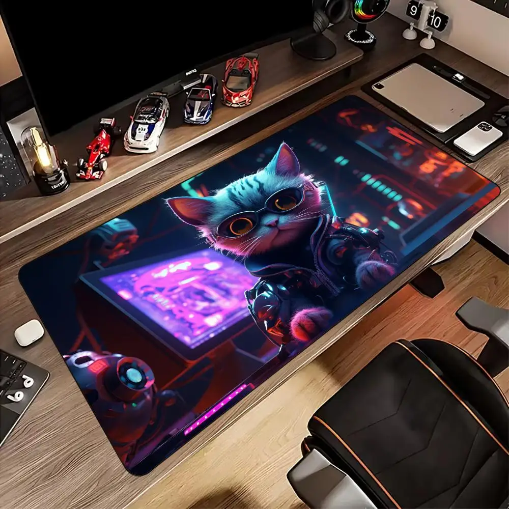 

Cyber style cat Mouse Pad Desk Mat with Stitched Edges non-Slip rubber base gamer pc accessories Gaming mat anime Extended pad