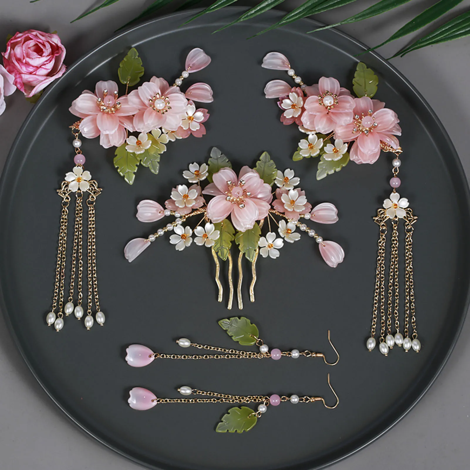 Chinesische Hanfu Haarschmuck Set Glasperlen Quaste Haarnadel für Frauen Traditionelle Haarspangen Haarschmuck