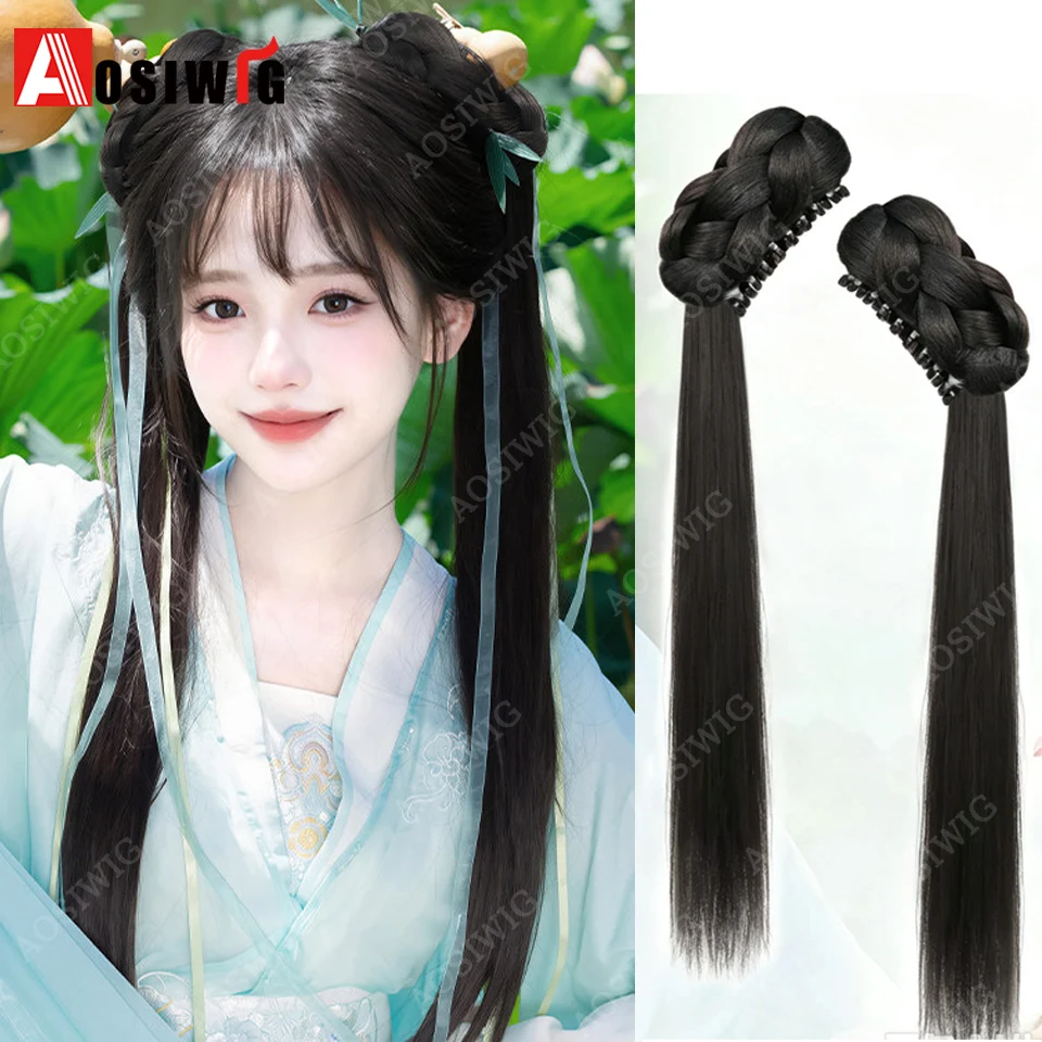 Claw Clip Double Ponytail Hair Extensions Braided Hanfu Ancient Style Long Straight Fake Hairpiece For Women Chinese Hairstyle D