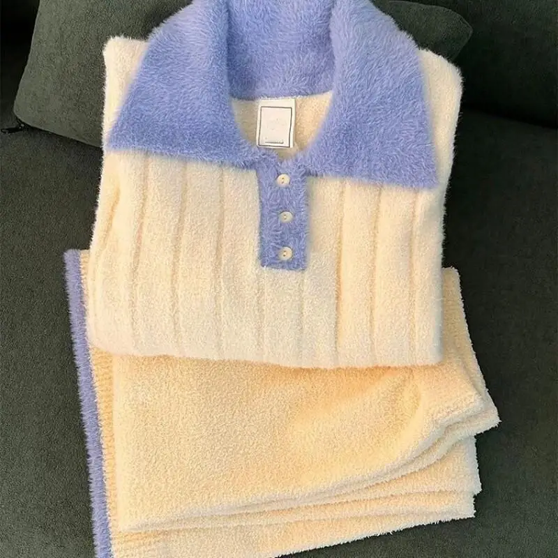 

Женские пижамы с лацканами и полуворсом, осенне-зимняя милая удобная одежда для сна, утепленная пижама с длинными рукавами, домашний костюм в консервативном стиле