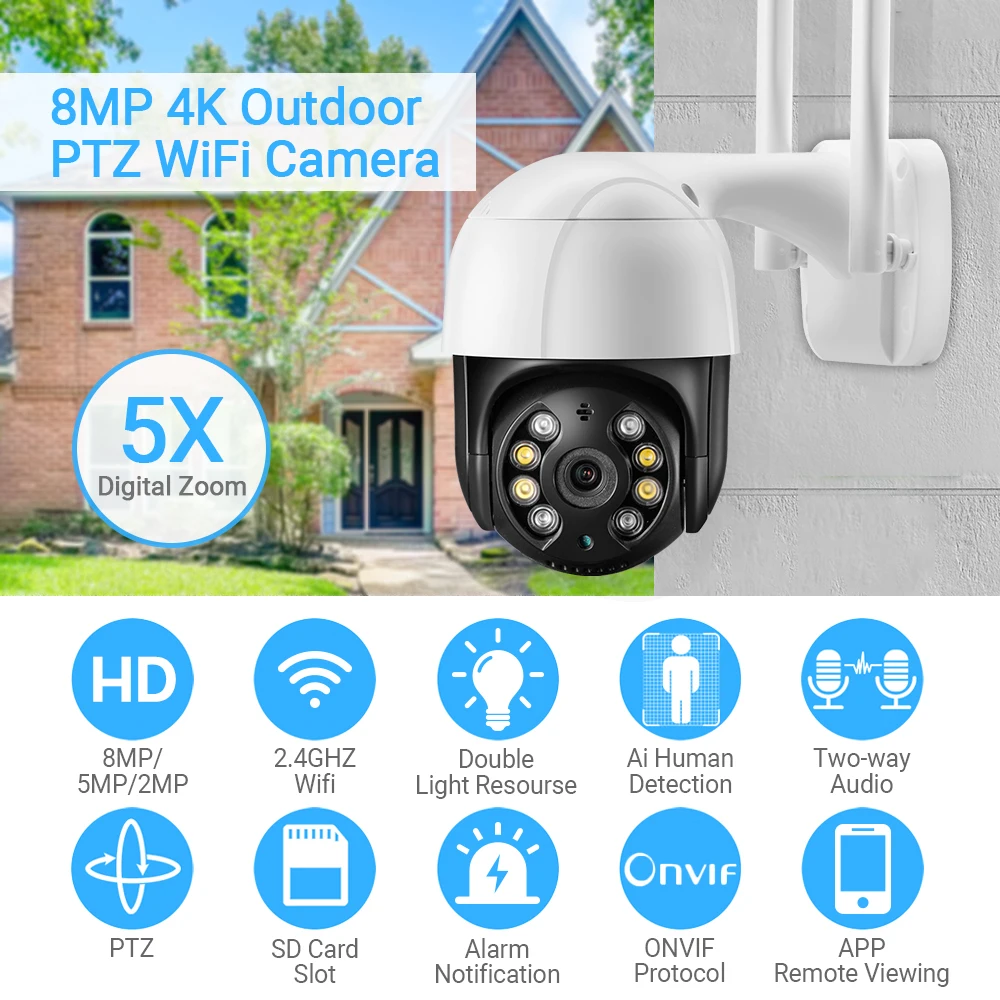 ONVIF-PTZ Câmera de Vigilância IP, 1080P, WiFi, Zoom Digital 4X, AI Human Detect, Visão Noturna Colorida, Câmera CCTV de Segurança, 5MP