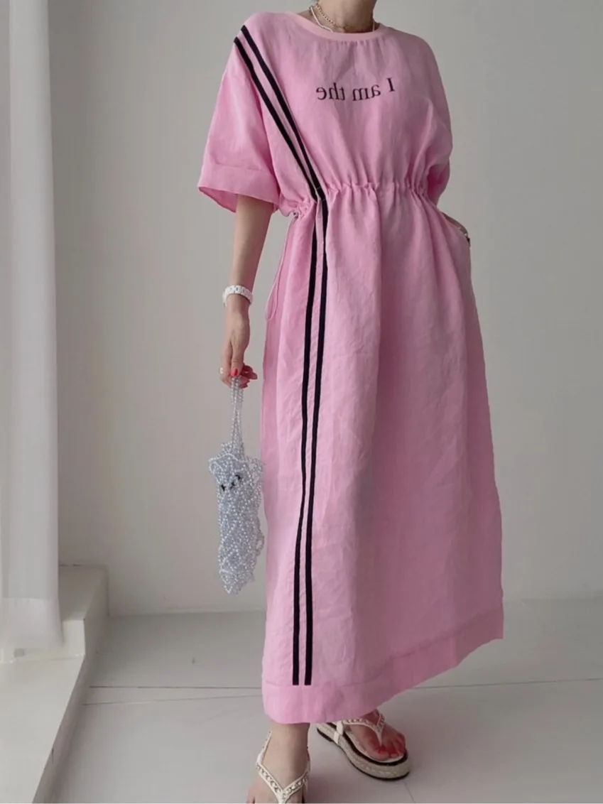 Summer Versatile Long Line Dress Women's round Neck Letter Print Color Block Pleated Waist Cinching Slit Dress Commute Style