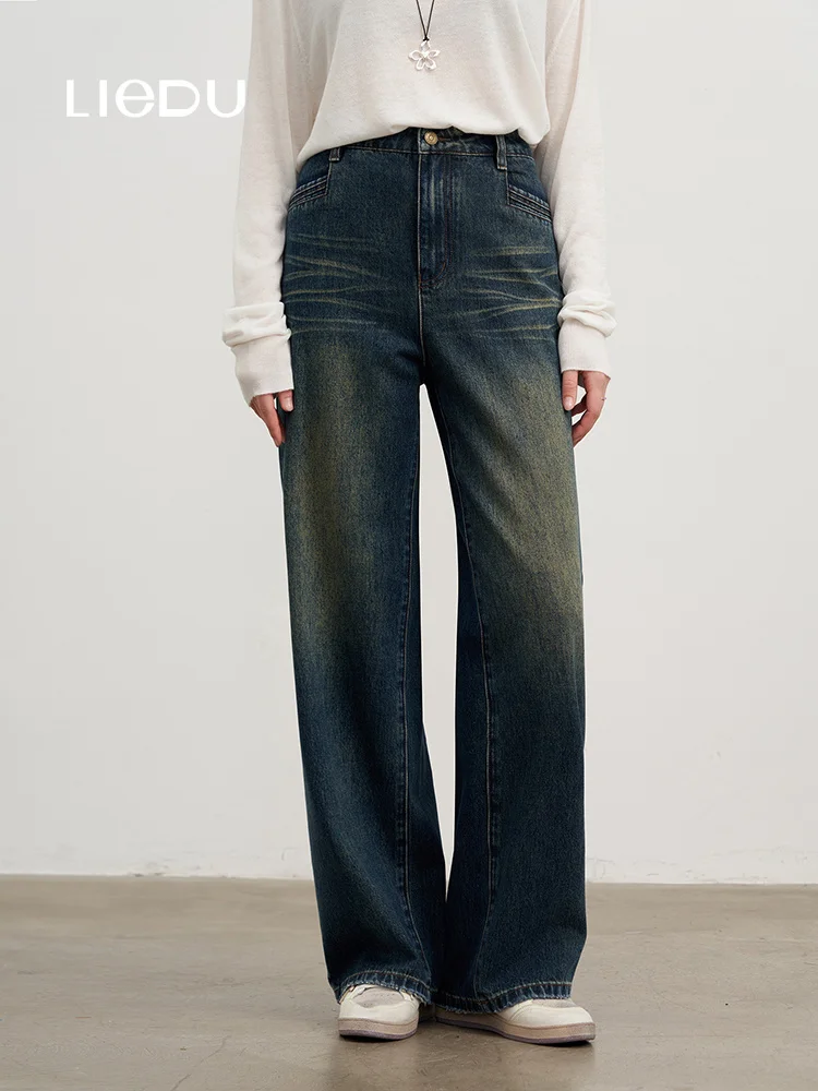 LIEDU Office Casual Dark Blue Women High Waist Wide Leg Work Jeans Plus Size Loose Sports Trousers Summer Elegant Daily Outfit
