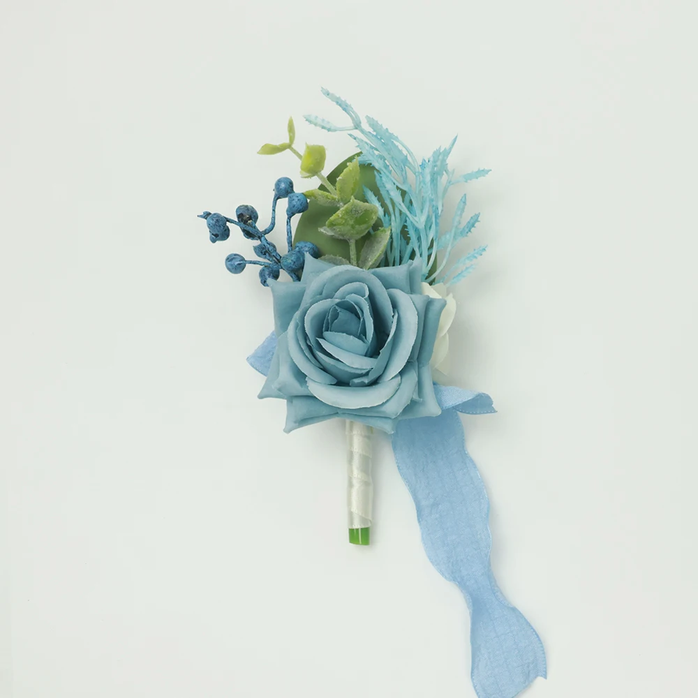 

Blue Boutonnieres for Wedding Artifical Flowers Corsage Bracelet Bridesmaids Groom Pins Handmade Pearl for Marriage Accessiories