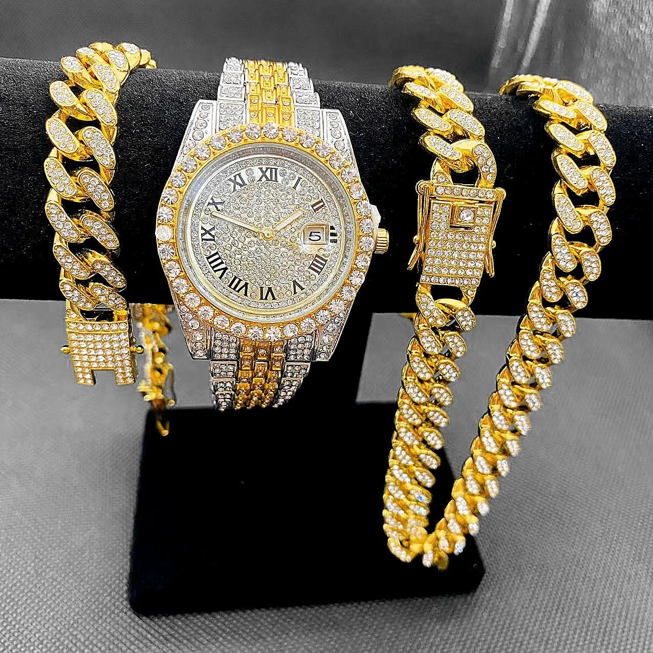 3PCS Full Iced Out Watches Mens Cuban Link Chain Bracelet Necklace Choker Bling Jewelry for Men Gold Chain Hip Hop Men Watch Set