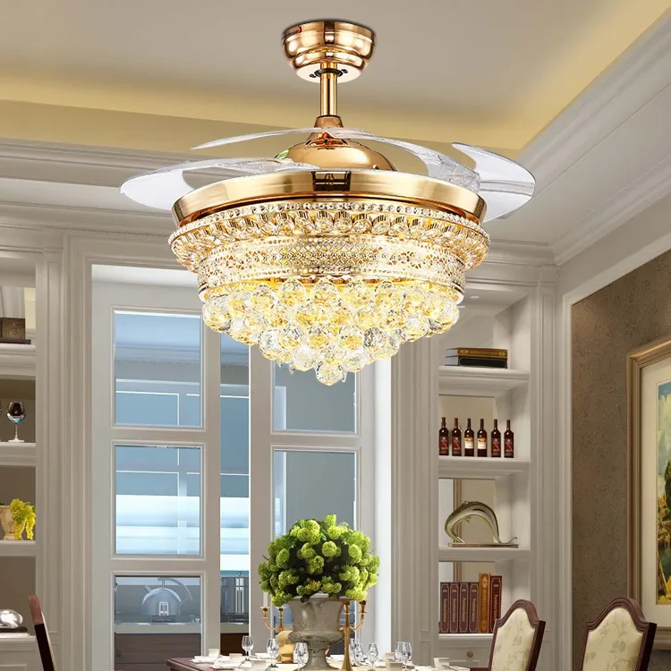 Luxurious Atmosphere Living Room Fan Light Crystal Remote Control Chandelier Bedroom Ceiling Fan Light Dining Room Ceiling Fan