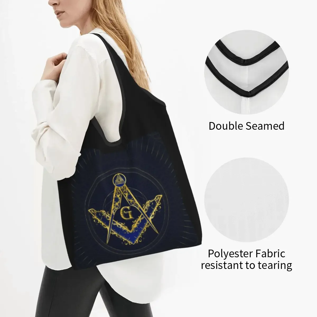 Reusable Freemason Evil Eye Symbol Shopping Bag Women Tote  Portable Masonic Mason Grocery Shopper s