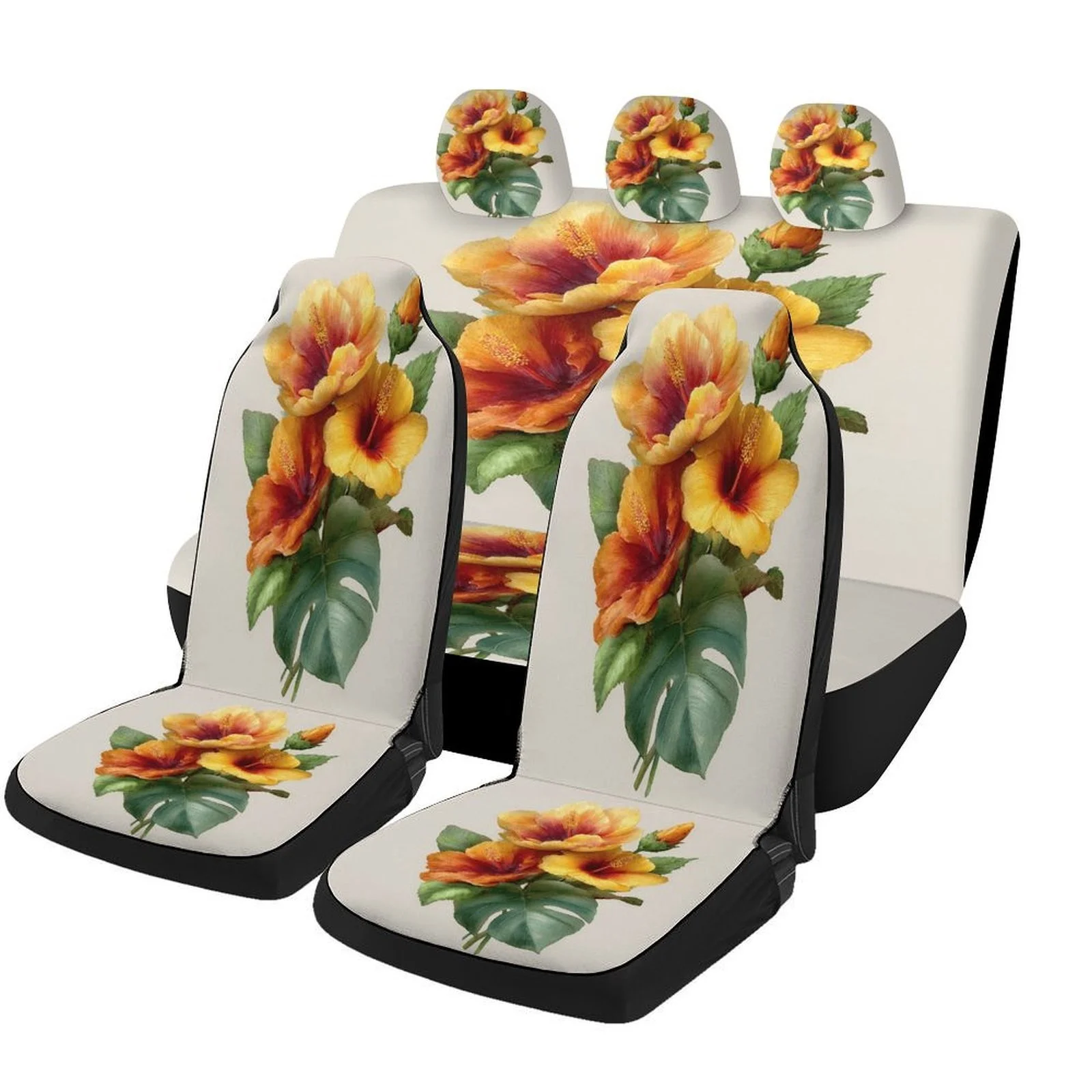 

Hibiscus Flower Car Seat Cover Set - Vibrant Yellow & Orange Floral Design, Durable Polyester, Machine Washable, Universal Fit F