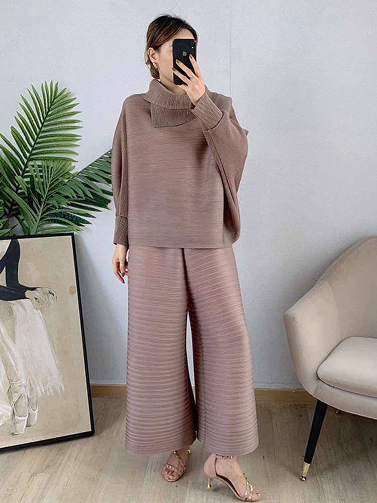 DEAT Women Pleated Suit Solid Lapel Collar Batwing Sleeve T Shirt + Wide Leg Pants Casual Style Loose 2024 New Autumn 15AB015