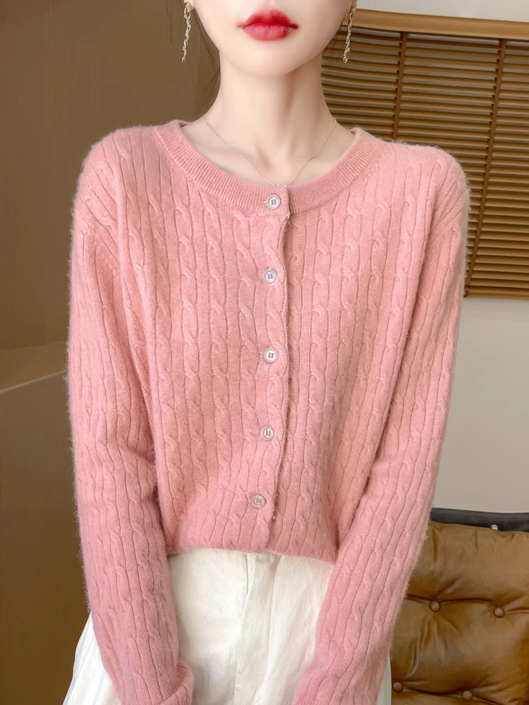 メリノウールの厚手のセーター,ラウンドカラーのツイストセーター,カジュアルなカシミヤニット,長袖のトップス,秋と冬