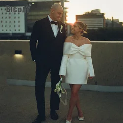 Modern Short Wedding Dress Women 2025 Long Sleeve V-Neck Off The Shoulder Pleat Satin Bridal Gown Vestidos De Noiva Customized