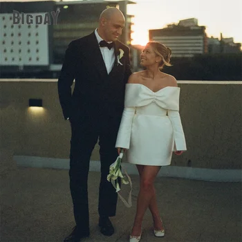 Modern Short Wedding Dress Women 2025 Long Sleeve V-Neck Off The Shoulder Pleat Satin Bridal Gown Vestidos De Noiva Customized