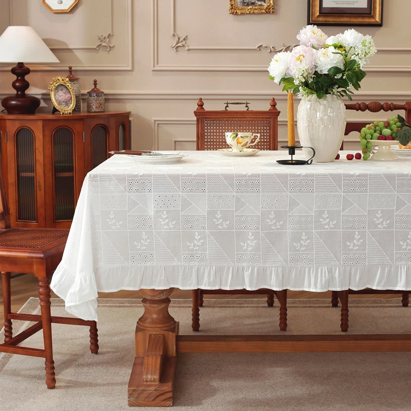 

French White Cotton Tablecloth Boho Embroidery Lace Flower Rustic Farmhouse Kitchen Table Cover for Wedding and Party Home Decor