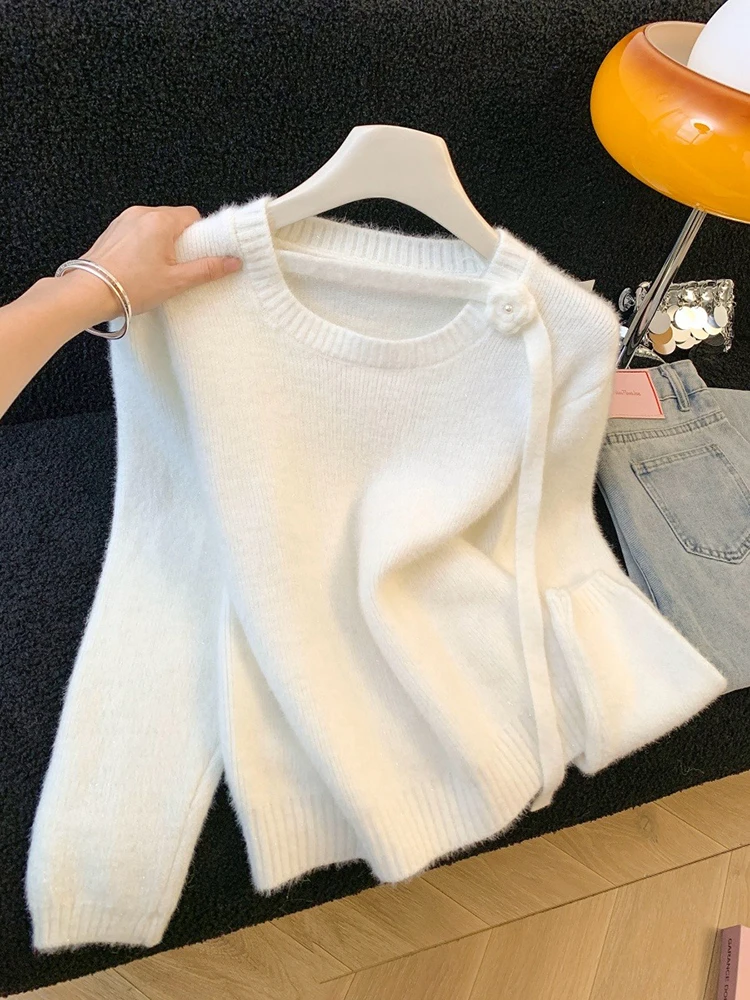 

Красивый трехмерный свитер с цветочной лентой, женский осенне-зимний нежный сладкий возрастной однотонный вязаный топ