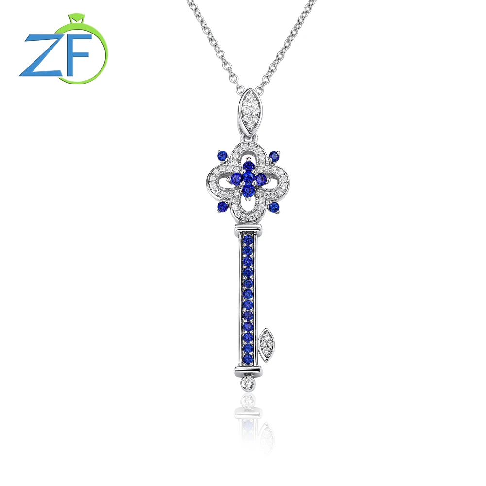 

GZ ZONGFA Pure 925 Sterling Silver Chain Necklace for women Created Sapphire Gems Key Pendant Fashion Charm Party Fine Jewelry