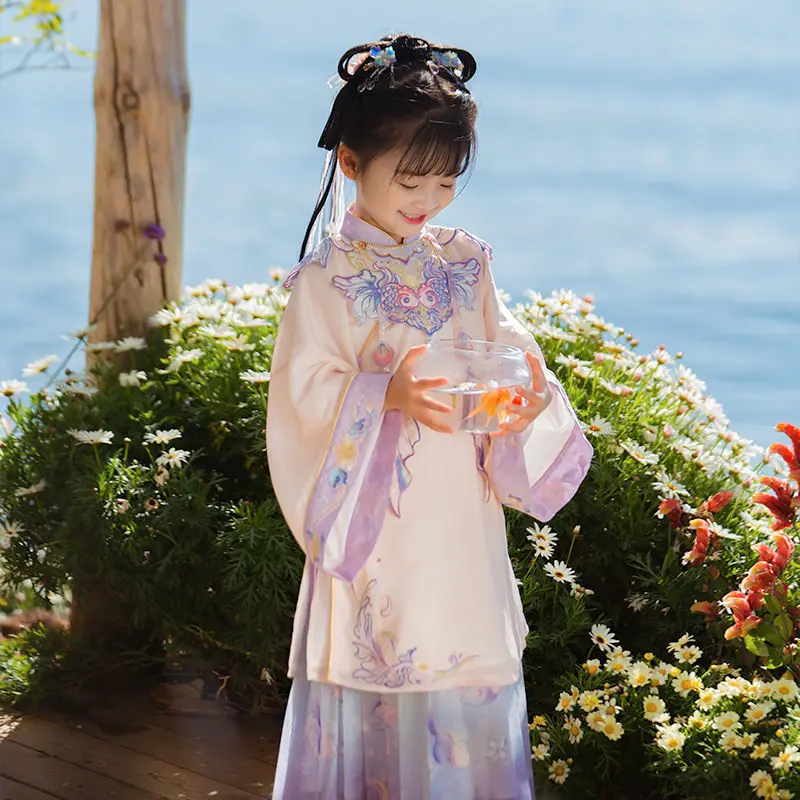 Winter Chinese Traditional Song Dynasty Round Neck Crane Embroidered Big Sleeves Kids Hanfu Robe Christmas Gifts for Girls