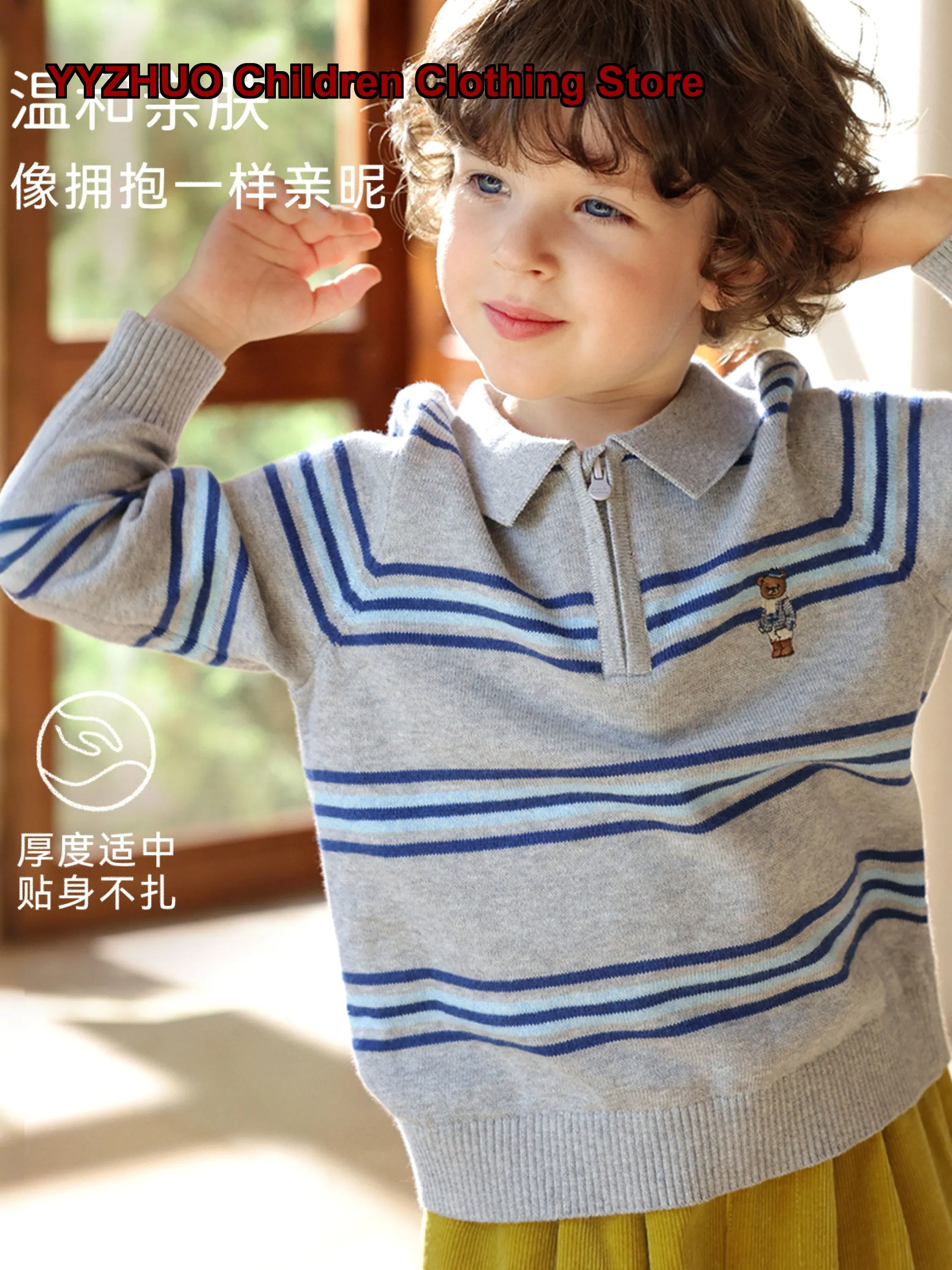 Boys Pullover Sweater ZOZO&MOMMY Grey Blue Striped Long Sleeves Soft Breathable Cotton Knit Top Gentleman Style Toddler
