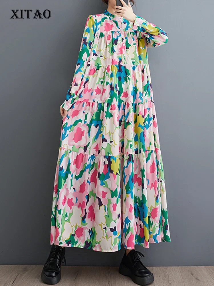 

XITAO Loose Print Dress Vintage Trend Slimming Women Spring New Long Sleeve All-match Asymmetric Stand Collar Dress DMJ4068