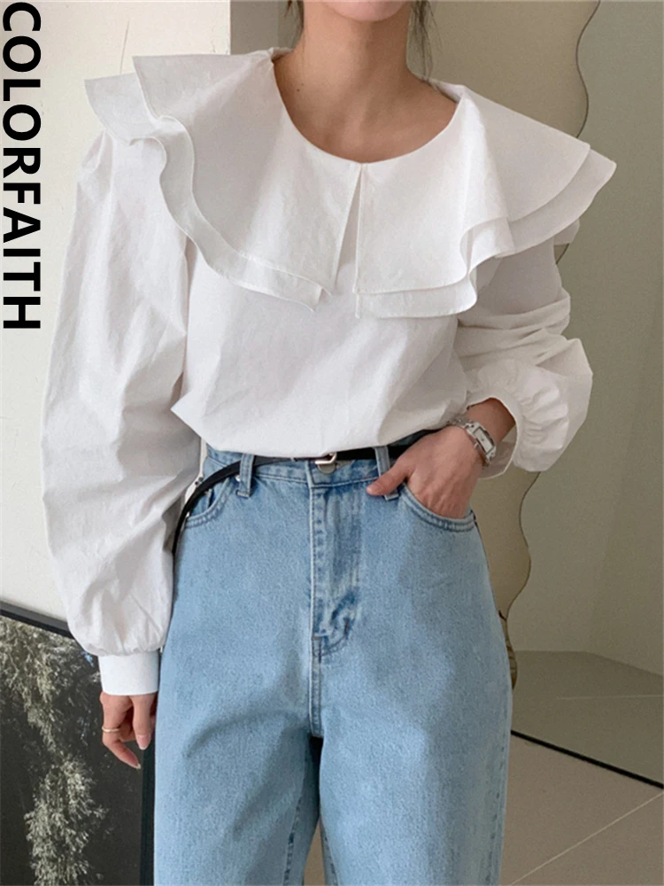 Colorfaith BL9990 New 2024 Peter Pan Collar Shirts Vintage French Style Fashion Elegant Women Spring Summer Office Blouses Tops