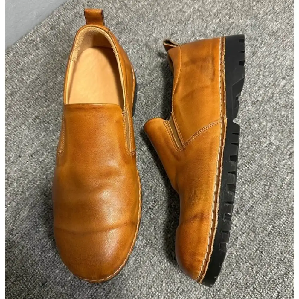 Handcrafted Tan Leather Chunky Sole Loafers – Superior Craftsmanship, Timeless Vintage Appeal