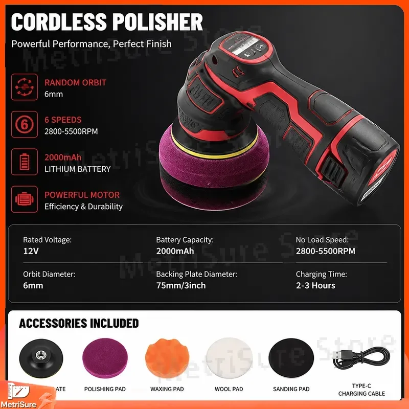 10.8V Cordless Polisher Waxer Dual-Function Car Polishing Eccentric Orbital Buffer for Auto Detailing Paint