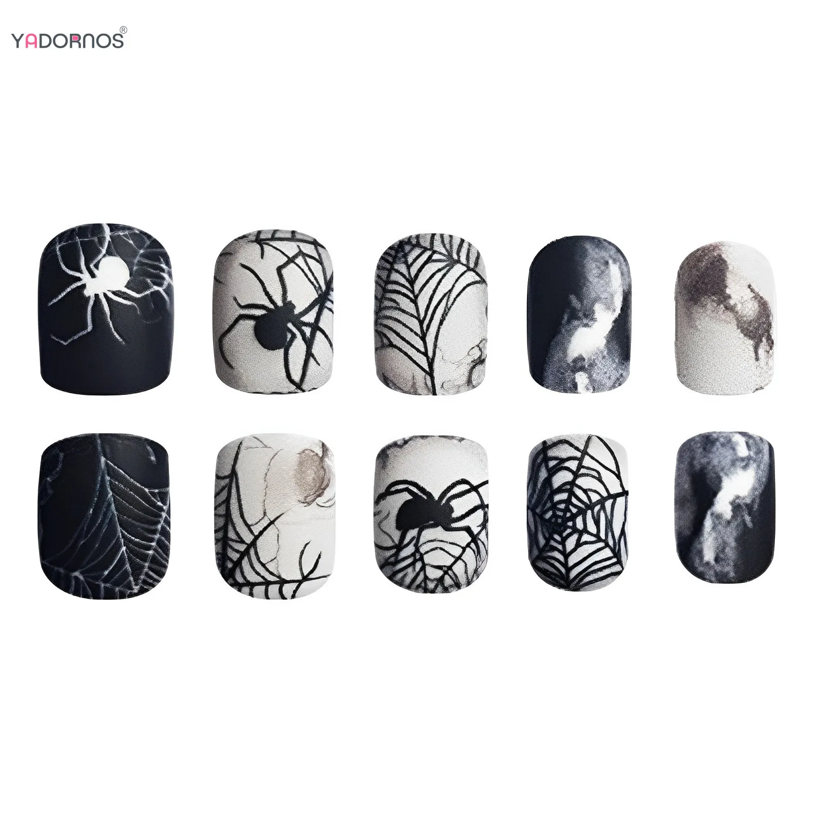 أظافر زائفة بالأبيض والأسود ، أطراف أظافر مزيفة دائرية قصيرة ، تصاميم شبكة العنكبوت ، اضغط على مسمار لحفلة هالوي ، قابل للارتداء ، تلطيخ ، 24 *