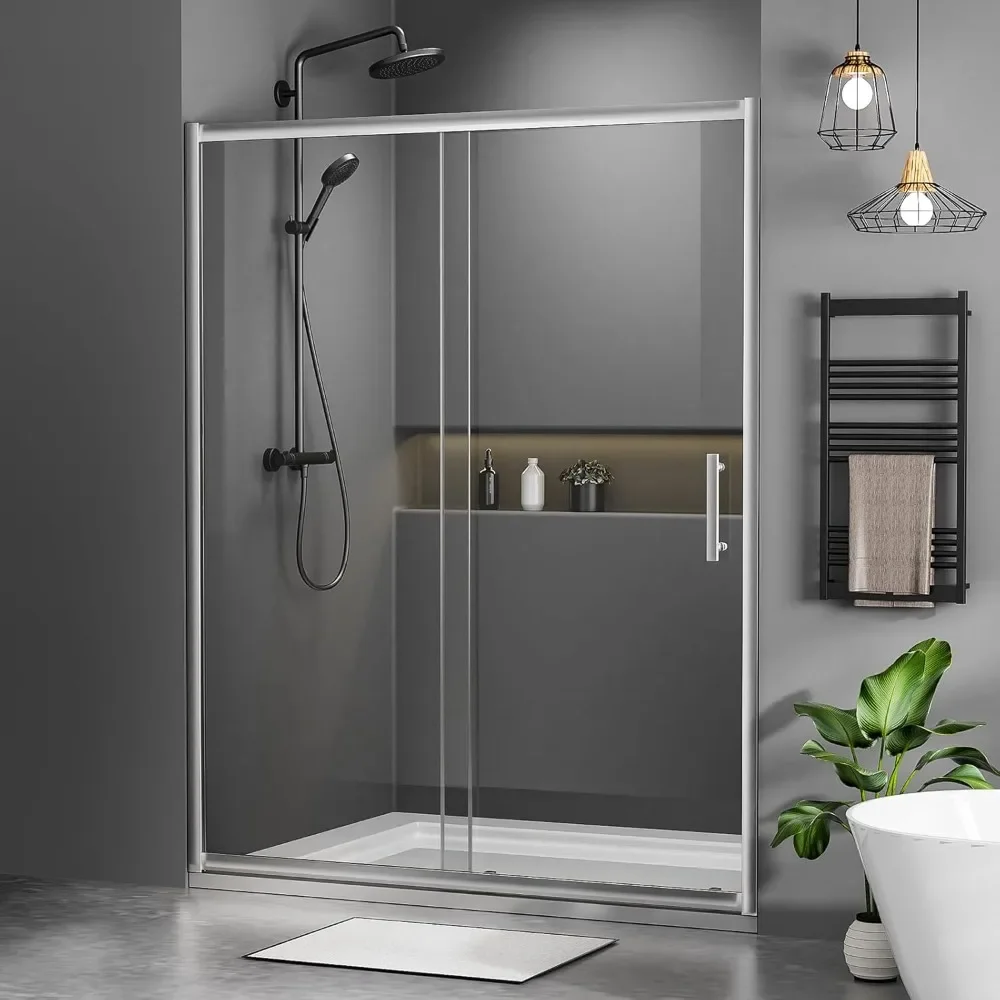 54 in.W X 76 in.H Shower Door, Bathroom Sliding Door with 1/4(6mm) in Clear Tempered Glass, Reversible Installation