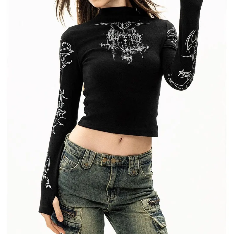 Grunge Women T-Shirt Y2k Aesthetics Half high neck Tees Graphical Print  Long Sleeve Sheer Tops Punk Alternative Crop Tops EMO