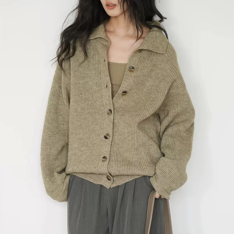 

Design High-neck Stand-up Neck Knitted Cardigan Sweater Jacket Women's Fall and Winter Loose Lazy Style Thickened Lapel Top