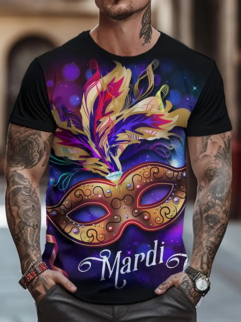 Men's Novelty Mardi Gras T-Shirt Short Sleeve Crew Neck Plus Size Tee Shirt Clothes Masquerade Pattern Party Tshirts For Men