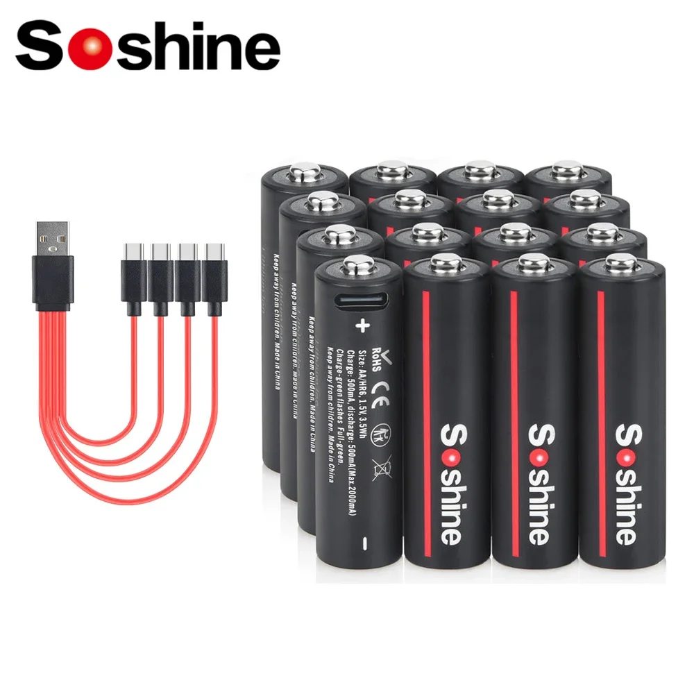 Soshine 3500mWh Aa Rechargeable Batteries 1.5V USB Lithium Battery AA USB 3500mWh Battery for Toy Camera Electric Toothbrushes