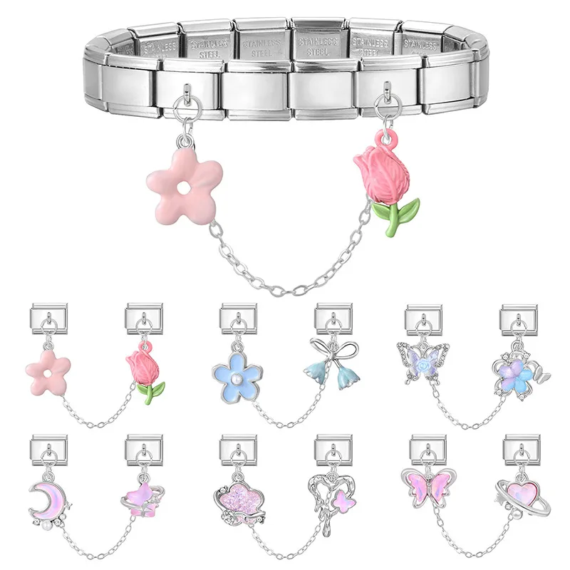 Y2K كريستال ستار القمر فراشة قنديل البحر شرابة سلسلة الإيطالية سحر الروابط صالح 9 مللي متر سوار الفولاذ المقاوم للصدأ DIY بها بنفسك صنع المجوهرات #2