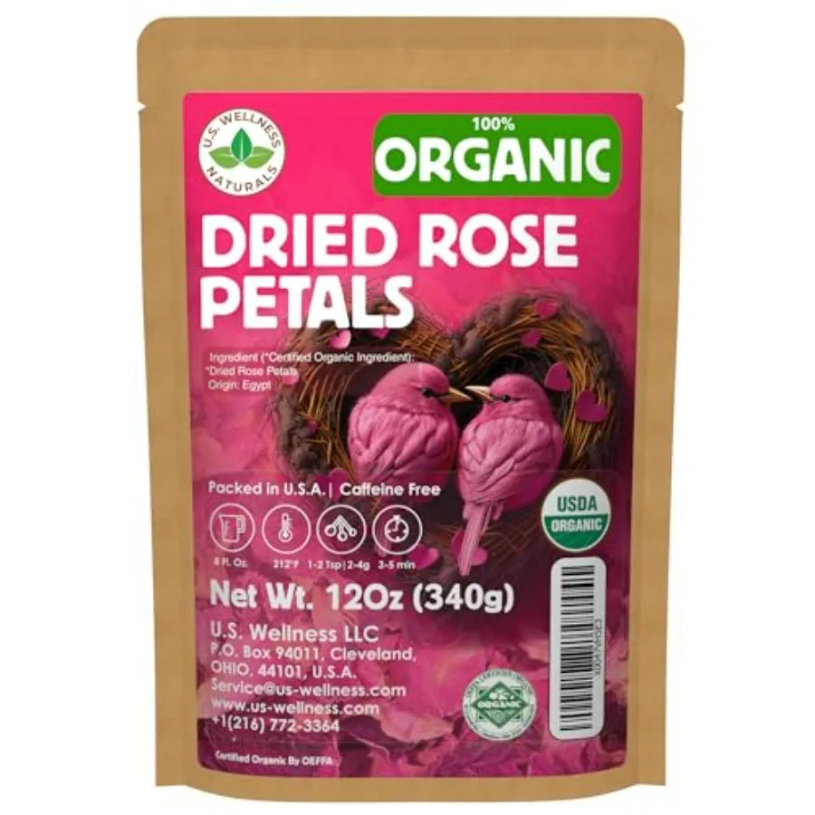 

Organic Culinary Rose Petals, 12 oz, Dried, Edible for Tea and Bath