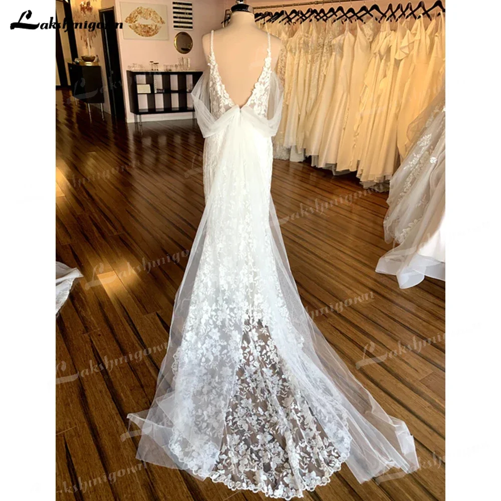 Boho Spaghetti Strap Appliques Unique Wedding Dress Bridal Dres Plunging Neck Backless Luxury Bridal Gown Mermaid Robe De Mariee