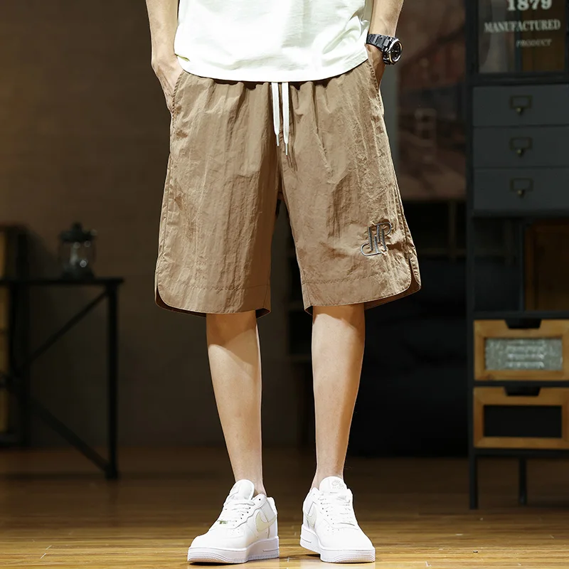 Summer Casual Loose Drawstring Casual Shorts Chic Letter Embroidery Men's Clothing Basic Straight Mid Waist Elastic Knee Pants