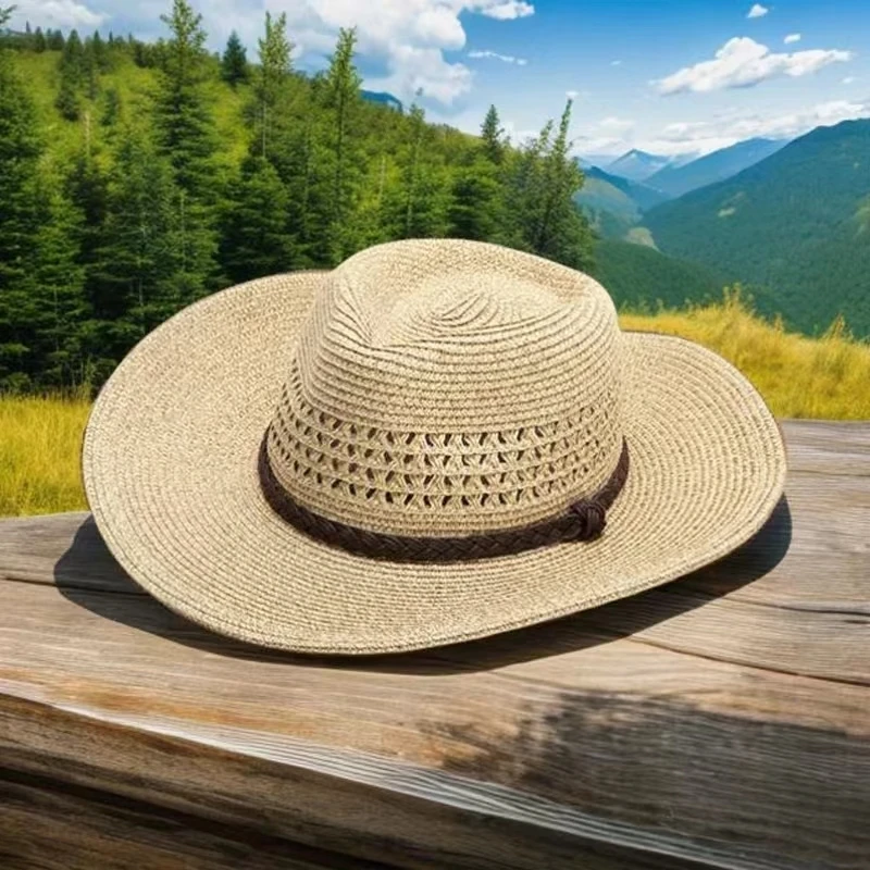 Sombrero de paja plegable hueco para hombre, sombrilla para exteriores, sombrero para el sol, sombrero para la playa, aleros grandes, edición coreana, 62cm