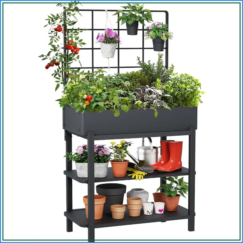 

Metal Raised Garden Bed with Trellis & 2-Tier Shelf, Elevated Planter with Legs, 3 Pots Included for Vegetables Herbs Climbing Plants